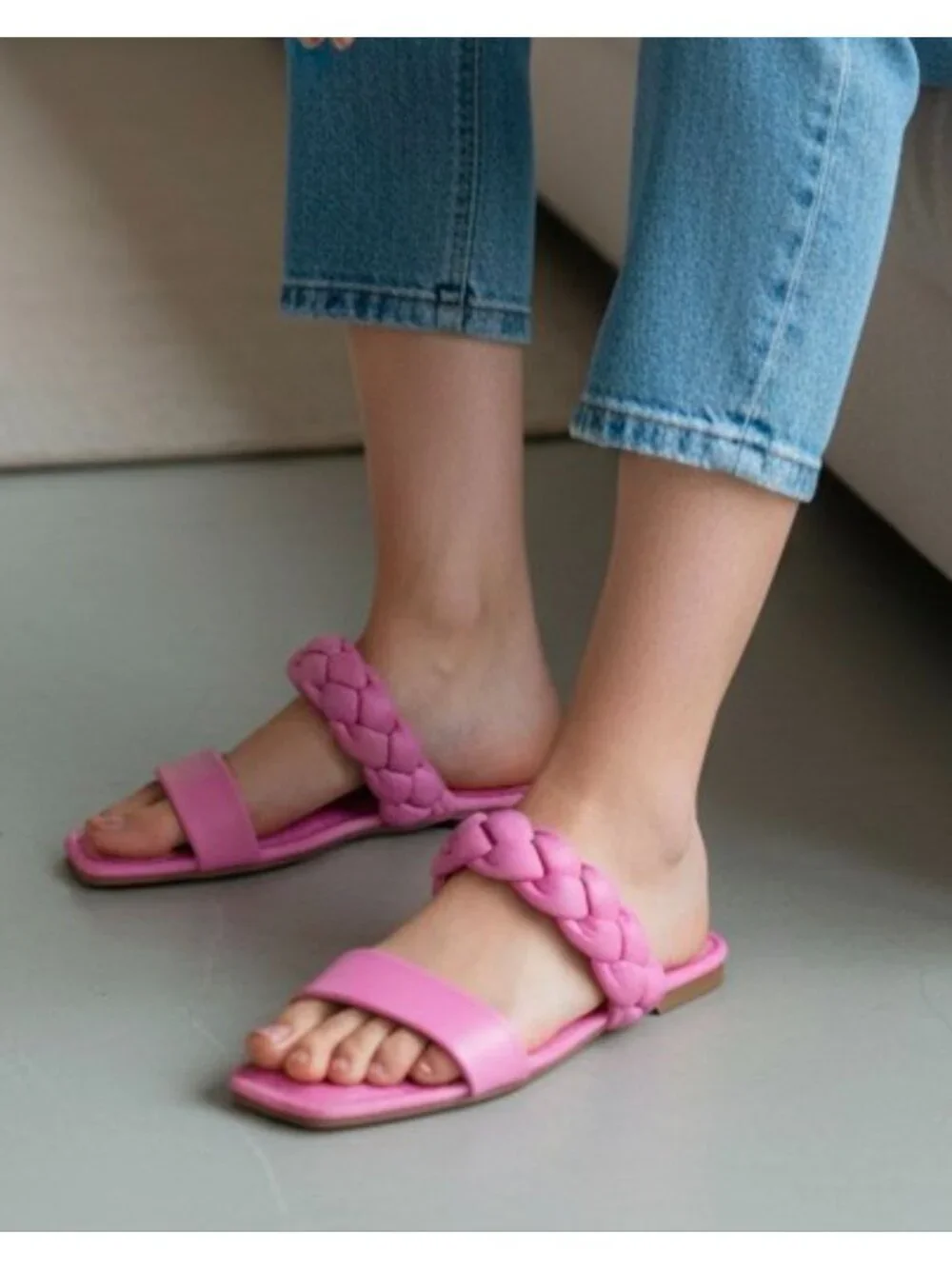 Braided Strap Pink Flat Sandals For Women Comfortable Square Toe Slip-On Design